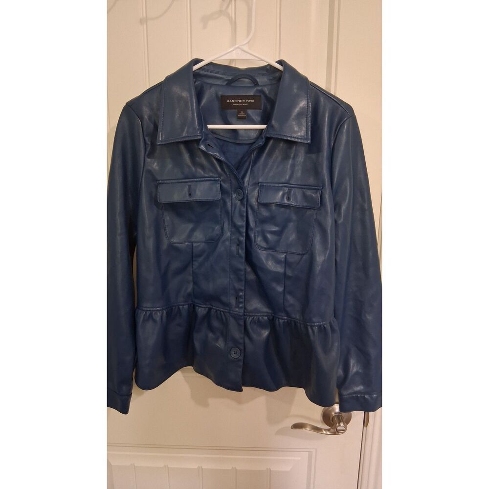 Marc New York Women’s Small Blue Faux Leather Peplum Jacket Button Up